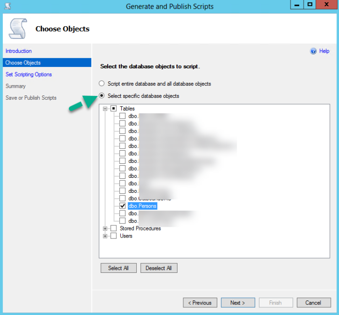 SQL Server - Generate and Publish Scripts - Choose Objects